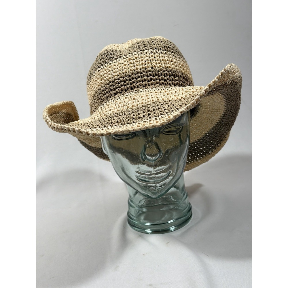 Columbia Womens Wide Brim Sun Hat Ivory Tan Striped Packable Coastal Boho